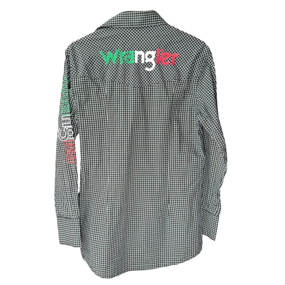 Wrangler Western Snap Shirt Mens Small Black White Grid Embroidered Logo Mexico